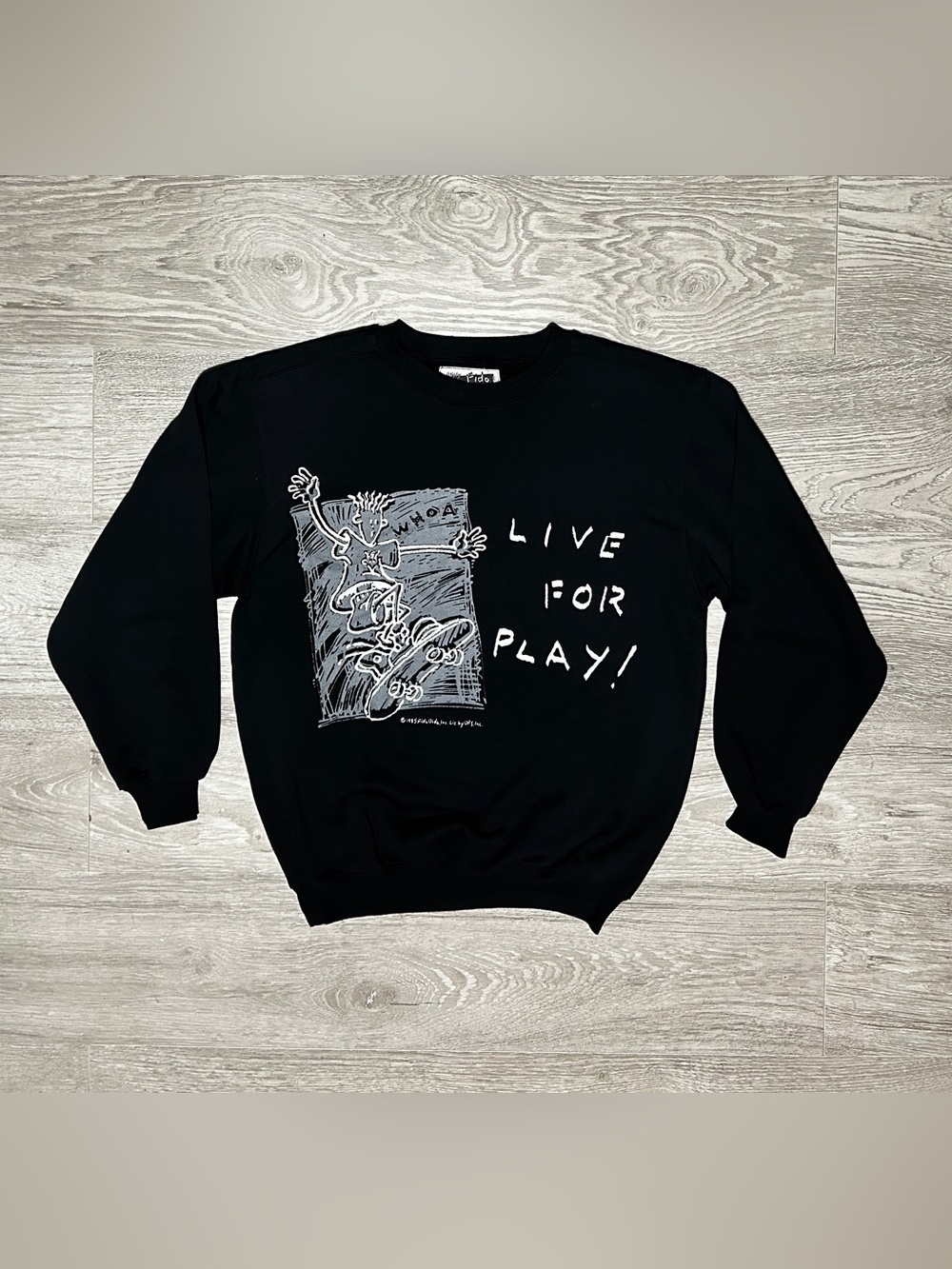1985 Fido Dido “Live For Play!” Black  Graphic  Crewneck Sweater